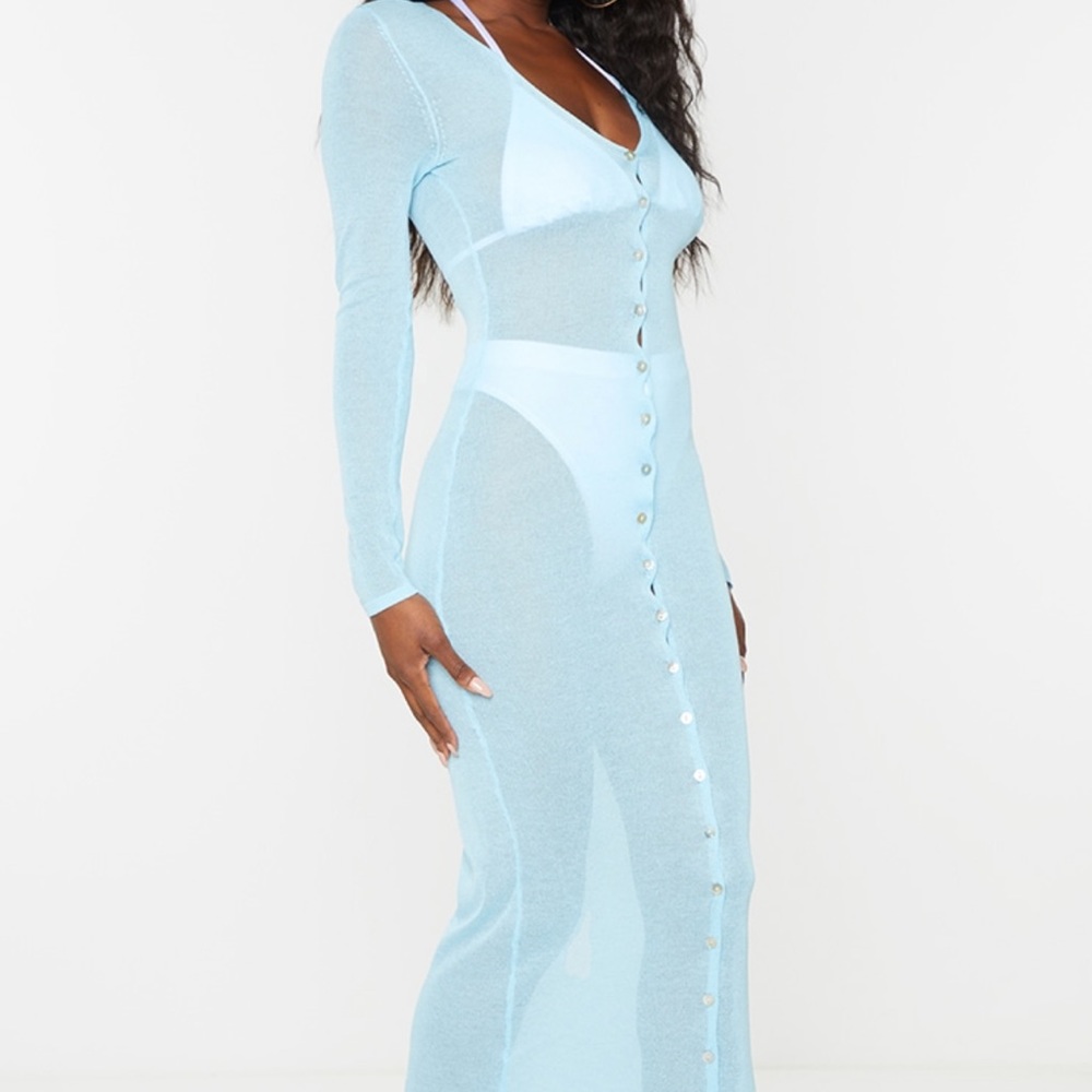 ISO IN SEARCH OF Baby Blue Sheer Knit Button Up Maxi
Dress PRETTYLITTLETHING